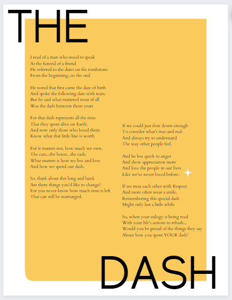 Image of a printable page of the words to the poem, The Dash, by Linda Ellis