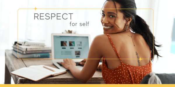 Woman sitting in front of computer to represent her using the FAST technique to grow self-respect